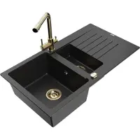 Mexen Matias granieten spoelbak 1,5-kamerig met afdruiprek en keukenkraan Duero, zwart/zilver metallic- 6502-73-671600-50