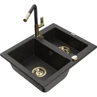 Mexen Carlos granieten spoelbak 1,5-baks met keukenmengkraan Flora, zwart/goud metallic - 6518-75-670401-57-G