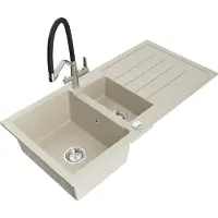 Mexen Andres granieten gootsteen 1,5-bak met afdruiprek en keukenmengkraan Duo, beige - 6515-69-671701-07
