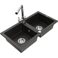 Mexen Mario granieten gootsteen 2-kamer met Duero keukenkraan, zwart/gouden metallic - 6504-75-671600-00