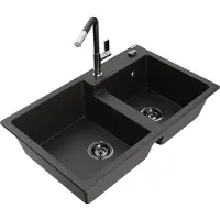 Mexen Tomas granieten gootsteen met 2 kamers en keukenkraan Flora, zwart/goud metallic - 6516-75-670401-07-B