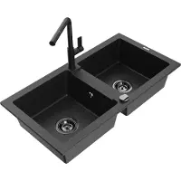 Mexen Mario granieten gootsteen 2-kamers met keukenkraan Flora, zwart/zilver metallic - 6504-73-670401-70-B