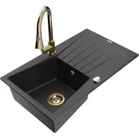 Mexen Cesar granieten spoelbak 1-komerig met afdruiprek en keukenmengkraan Elia, zwart/zilver metallic - 6514-73-670101-50