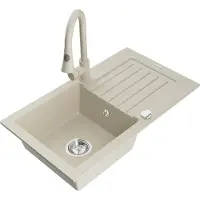 Mexen Pablo granieten spoelbak 1-komor met afdruiprek en keukenmengkraan Elia, beige - 6510-69-670101-69