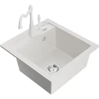 Mexen Vito granieten gootsteen 1-komorig met keukenkraan Carla, wit - 6503-20-670700-20