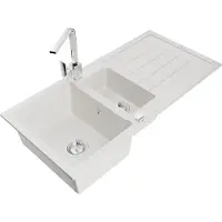 Mexen Andres granieten spoelbak 1,5-komor met afdruiprek en keukenkraan Rita, wit - 6515-20-670300-00