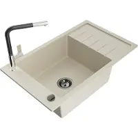 Mexen Elias granieten spoelbak met 1 bak, afdruipplaat en keukenkraan Flora, beige - 6511-69-670401-07-B