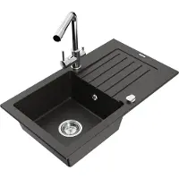 Mexen Pablo granieten gootsteen 1-kamer met afdruiprek en Duero keukenkraan, zwart/goud metallic - 6510-75-671600-00