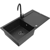 Mexen Leo granieten gootsteen 1-komor met afdruiprek en keukenkraan Telma, zwart/zilver metallic - 6501-73-670200-70-B