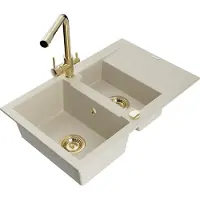 Mexen Gaspar granieten spoelbak 1,5-komorig met afdruiprek en keukenkraan Duero, beige - 6507-69-671600-50