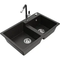 Mexen Tomas granieten gootsteen 2-kamer met keukenmengkraan Flora, zwart/goud metallic - 6516-75-670401-07