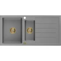 Mexen Andres granieten gootsteen 1,5-komers met afdruiprek 1000 x 500 , grijs, gouden sifon - 6515101510-71-G
