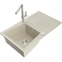 Mexen Cesar granieten spoelbak met 1 bak, afdruiprek en Flora keukenkraan, beige - 6514-69-670401-00