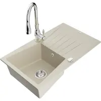 Mexen Cesar granieten spoelbak 1-komerig met afdruiprek en Savita keukenkraan, beige - 6514-69-672601-00