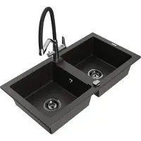 Mexen Mario granieten spoelbak 2-kamer met keukenkraan Duo, zwart/goud metallic - 6504-75-671701-07-B
