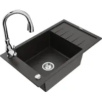 Mexen Elias granieten spoelbak 1-kompartiment met afdruiprek en keukenmengkraan Savita, zwart/goud metallic - 6511-75-672601-00