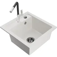 Mexen Vito granieten gootsteen 1-komorige met keukenkraan Flora, wit - 6503-20-670401-07-B