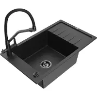 Mexen Elias granit gootsteen 1-vaks met afdruiprek en keukenkraan Duo, zwart/zilver metallic - 6511-73-671701-70-B