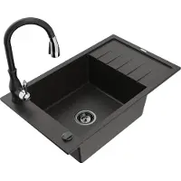 Mexen Elias granieten spoelbak met 1 bak en afdruipgedeelte en keukenkraan Savita, zwart/goud metallic - 6511-75-672601-70-B