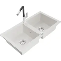 Mexen Mario granieten gootsteen 2-kamers met keukenkraan Flora, wit - 6504-20-670401-07