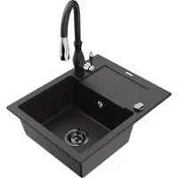 Mexen Enzo granieten gootsteen 1-komers met afdruiprek en keukenkraan Savita, zwart/goud metallic - 6506-75-672601-70-B