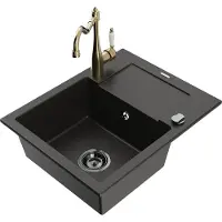 Mexen Enzo granieten spoelbak 1-komors met afdruiprek en keukenkraan Carla, zwart/goud metallic - 6506-75-670700-50-B