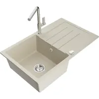 Mexen Bruno granieten spoelbak 1-komorig met afdruiprek en keukenkraan Flora, beige - 6513-69-670401-00