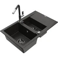 Mexen Gaspar granieten gootsteen 1,5-komervariant met afdruiprek en keukenkraan Flora, zwart/goud - 6507-75-670401-07-B