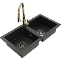 Mexen Mario granieten spoelbak 2-kamer met keukenmengkraan Savita, zwart/goud metallic - 6504-75-672601-50-B