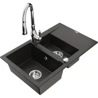 Mexen Gaspar granieten spoelbak 1,5-kamer met afdruiprek en keukenmengkraan Savita, zwart/goud - 6507-75-672601-00