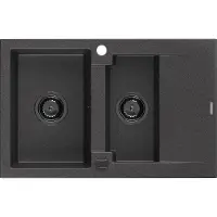 Mexen Gaspar granieten gootsteen 1,5-kamer met afdruiprek 737 x 475 , zwart gespikkeld, zwarte sifon - 6507731505-76-B
