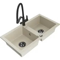 Mexen Mario granieten spoelbak met 2 compartimenten en Duo keukenkraan, beige - 6504-69-671701-70-B