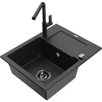 Mexen Enzo granieten gootsteen 1-komors met afdruiprek en keukenkraan Flora, zwart/goud metallic - 6506-75-670401-70-B