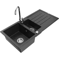 Mexen Andres granieten gootsteen 1,5-kamer met afdruiprek en keukenkraan Telma, zwart/zilver - 6515-73-670200-00