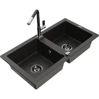 Mexen Mario granieten gootsteen 2-kamer met keukenkraan Flora, zwart/goud metallic - 6504-75-670401-07-B