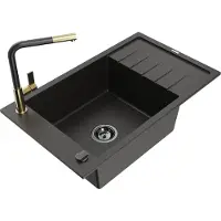 Mexen Elias granieten gootsteen 1-kompartment met afdruiprek en keukenkraan Flora, zwart/goud metallic - 6511-75-670401-57-B