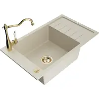 Mexen Elias granieten spoelbak 1-komorige met afdruiprek en keukenmengkraan Carla, beige - 6511-69-670700-50
