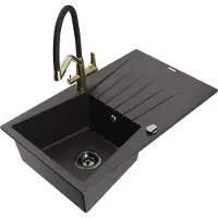 Mexen Cesar granieten spoelbak 1-komor met afdruiprek en keukenkraan Duo, zwart/goud metallic - 6514-75-671701-57-B