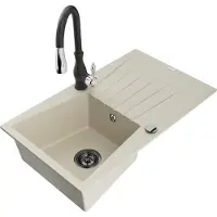 Mexen Cesar 1-komorige granieten spoelbak met afdruipplaat en Savita keukenkraan, beige - 6514-69-672601-70