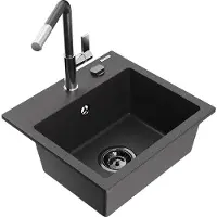 Mexen Milo granieten spoelbak 1-komorige met keukenkraan Flora, zwart gespikkeld - 6505-76-670401-08-B