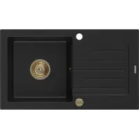 Mexen Pablo granieten spoelbak 1-komors met afdruiprek 752 x 436 , zwart, gouden sifon - 6510751010-77-G