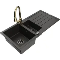 Mexen Andres granieten spoelbak 1,5-kamer met afdruiprek en keukenmengkraan Elia, zwart/gouden metallic - 6515-75-670101-50-B