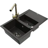 Mexen Gaspar granieten spoelbak 1,5-komorig met afdruiprek en keukenkraan Duero, zwart/goud - 6507-75-671600-50-B