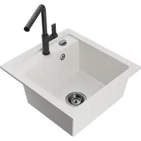 Mexen Vito granieten gootsteen 1-komorige met keukenkraan Flora, wit - 6503-20-670401-70-B