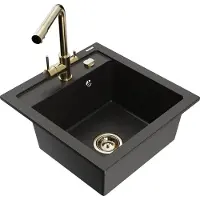 Mexen Vito granieten gootsteen met 1 bak en Duero keukenmengkraan, zwart/gouden metallic - 6503-75-671600-50