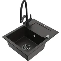 Mexen Enzo granieten 1-kompaks gootsteen met afdruiprek en Duo keukenkraan, zwart/goud metallic - 6506-75-671701-70-B