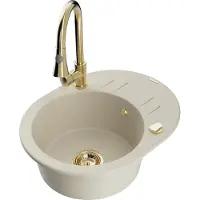 Mexen Kevin granieten spoelbak met 1 bak, afdruiprek en Elia keukenkraan, beige - 6517-69-670101-50