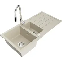 Mexen Andres granieten gootsteen 1,5-komor met afdruiprek en keukenmengkraan Savita, beige - 6515-69-672601-00
