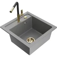 Mexen Vito granieten spoelbak 1-komor met keukenmengkraan Flora, grijs - 6503-71-670401-57-G