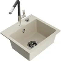 Mexen Milo granieten spoelbak met 1 bak en Flora keukenkraan, beige - 6505-69-670401-07-B